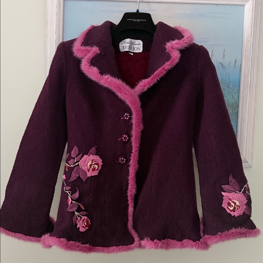 Rickie Freeman for TERI JON Burgundy Fur Mink Trim Floral Girl's Coat Size 10